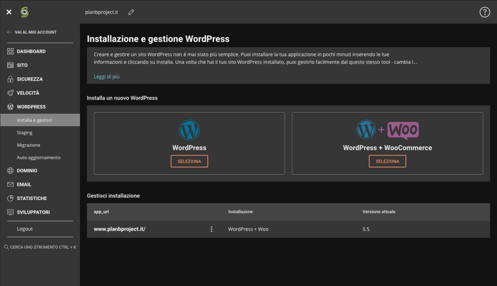 Pannello controllo Siteground, installazione WordPress