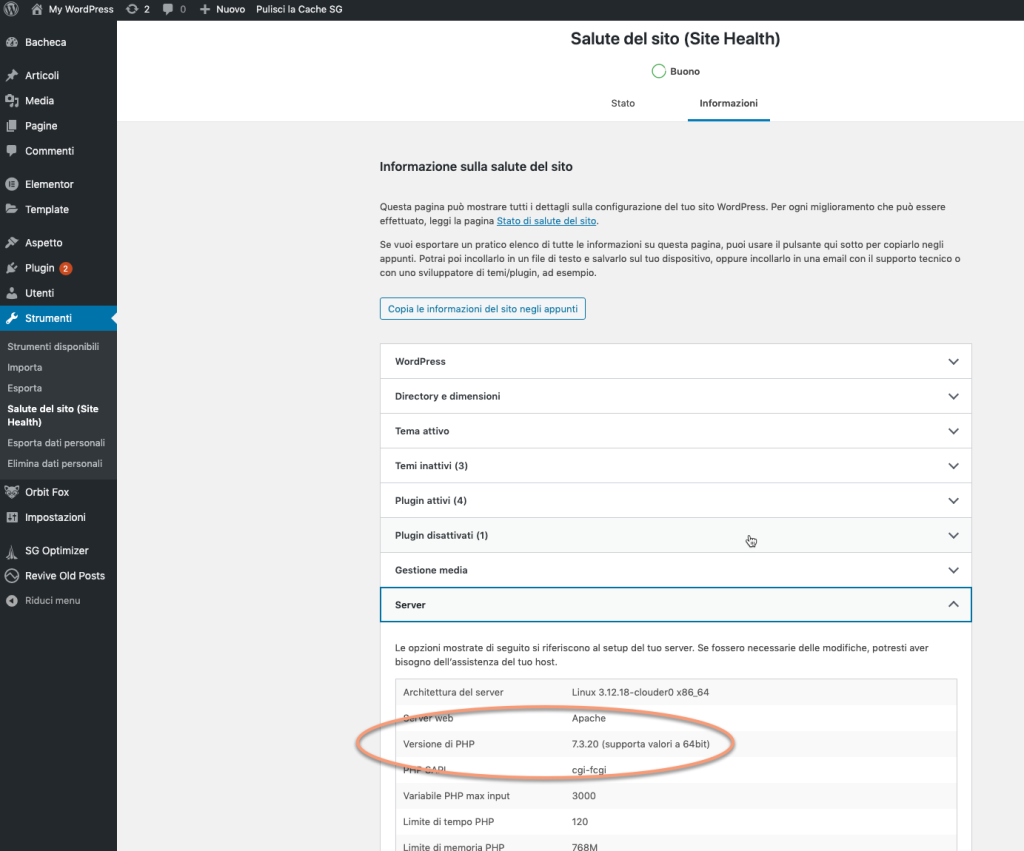 Salute del sito WordPress Backend