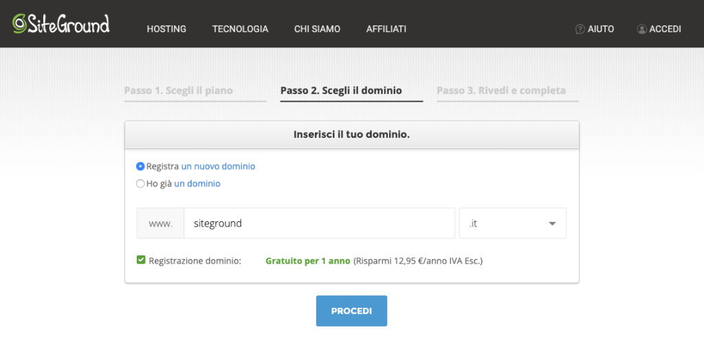Passo 2 Scelta dominio