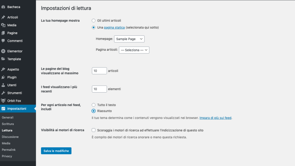 WordPress impostazioni di lettura