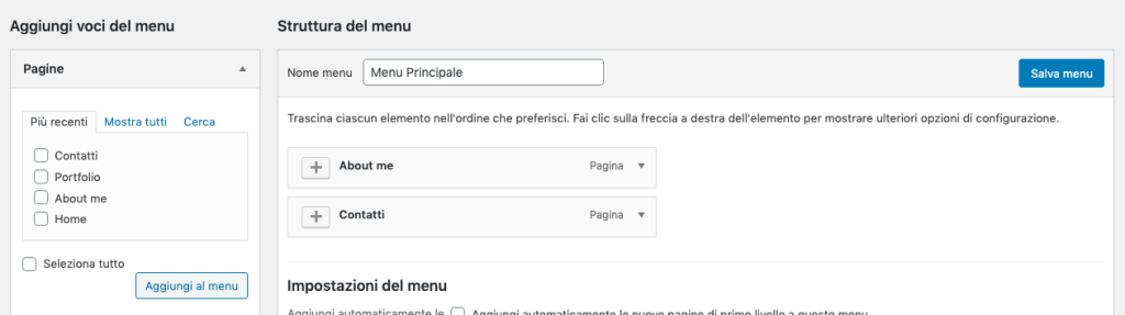Creare un sito con WordPress - Personalizza menu