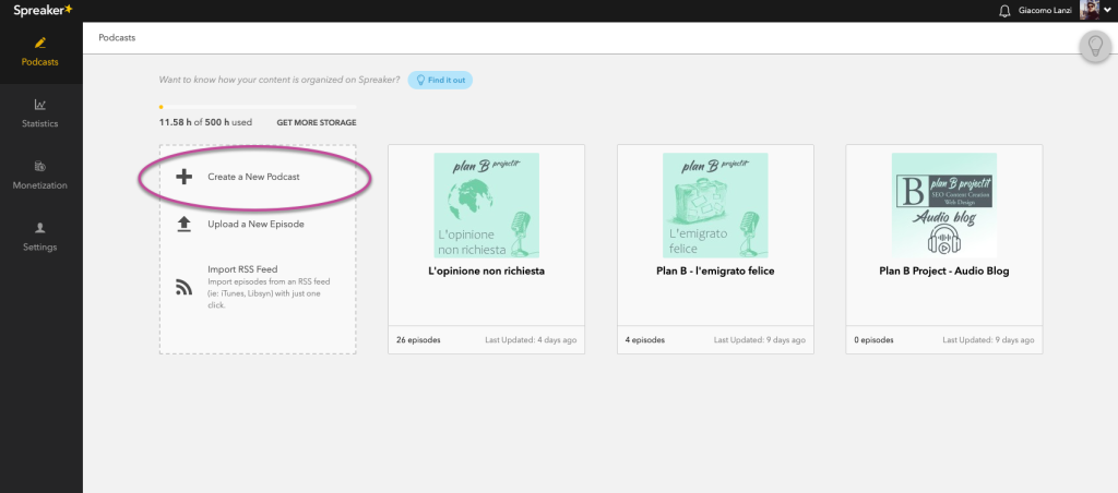 Dashboard di gestione contenuti