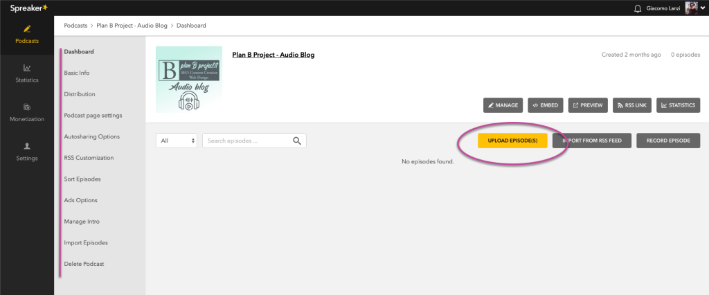 Gestione podcast Spreaker