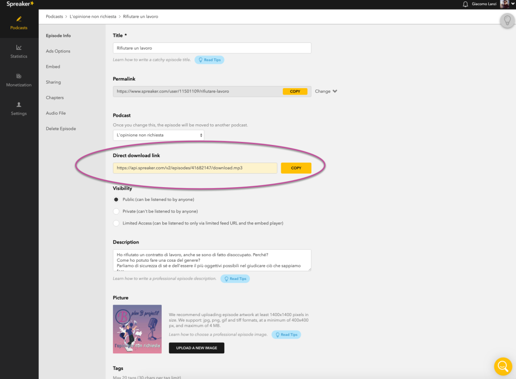 Impostazioni puntata Spreaker