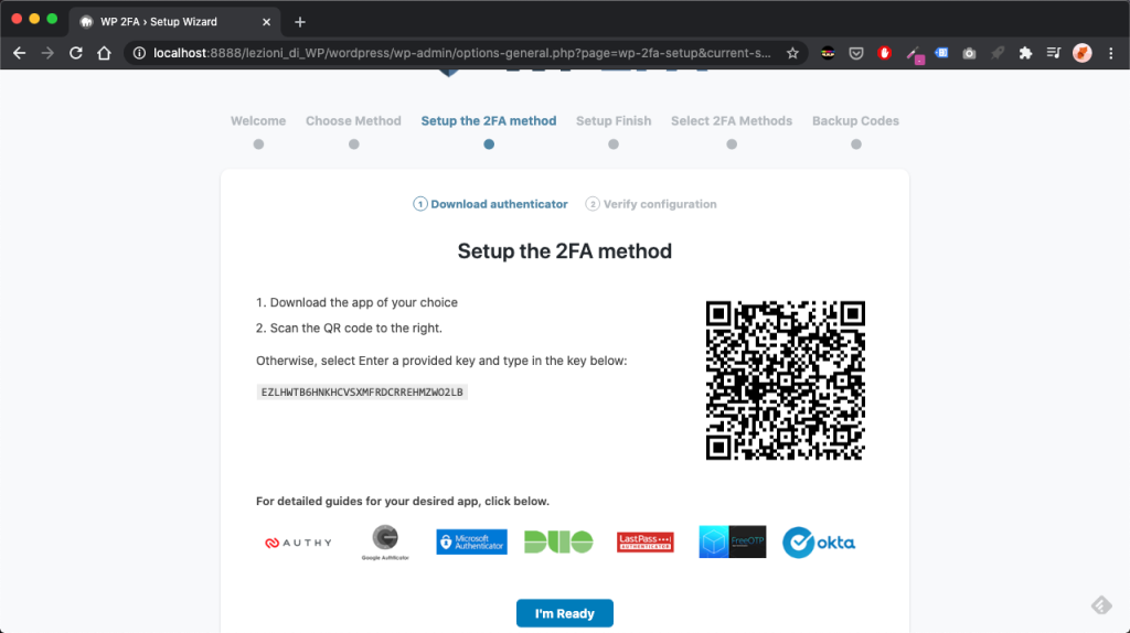 sicurezza wordpress 2FA Setup