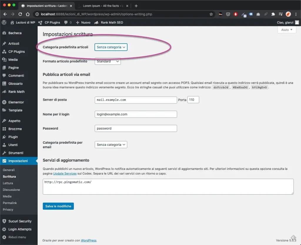 Impostazione categorie WordPress default