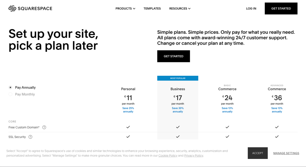 Tabella dei prezzi con Squarespace