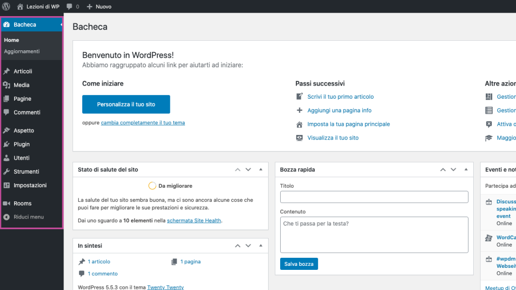 Imparare ad usare WordPress Dashboard menu