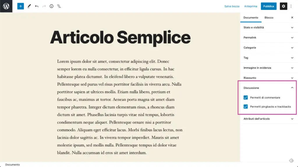 Commenti Post in gutenberg