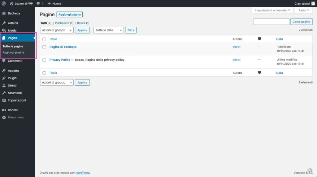 Dashboard pagine