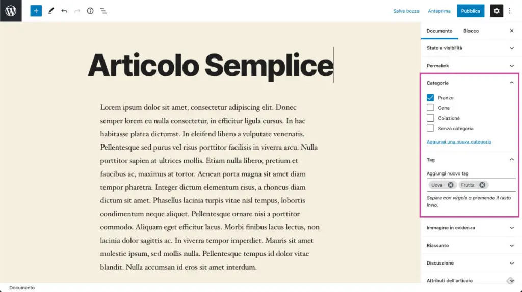 Categorie e tag in Gutenberg