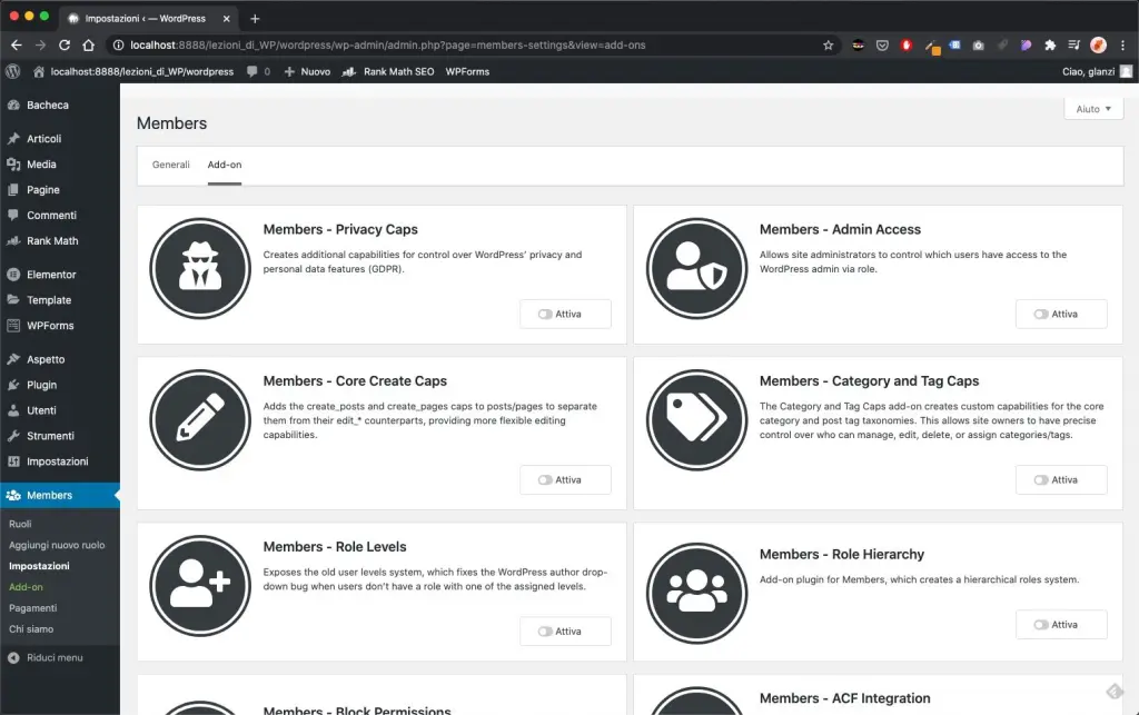 Il pannello degli addon di Members