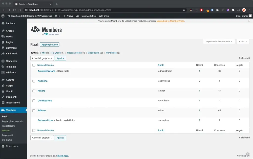 Pannello principale del plugin Members