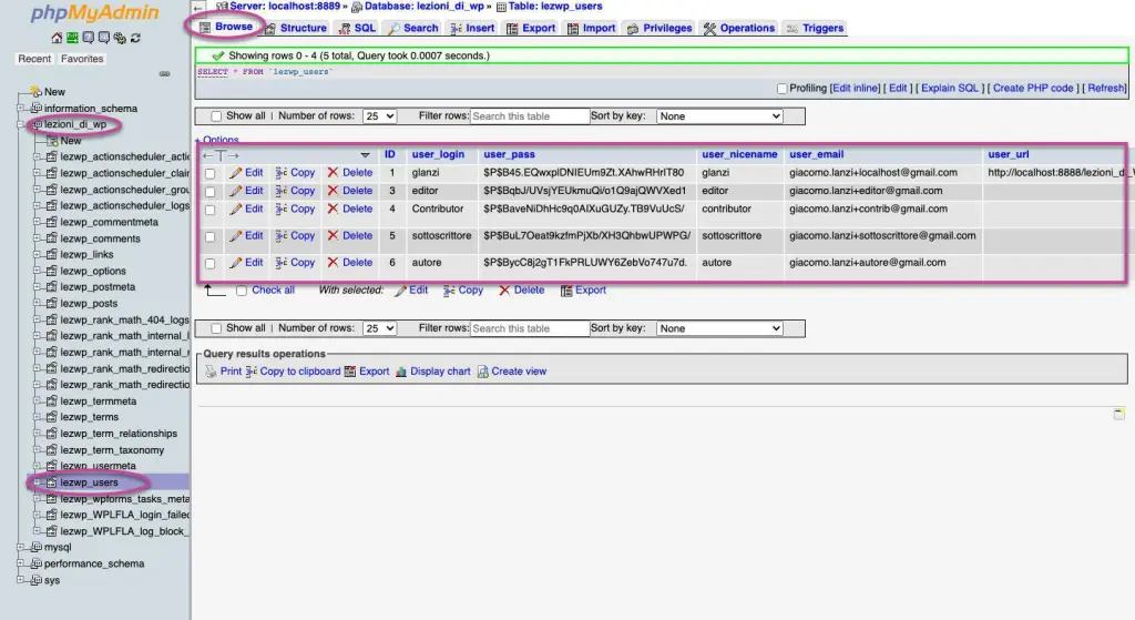 La schermata principale di phpmyadmin