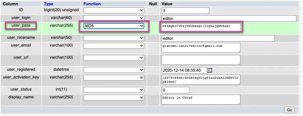 recupero password wordpress edit phpmyadmin