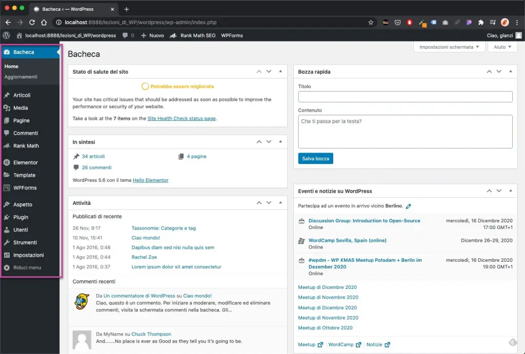 Dashboard WordPress vista come un admin
