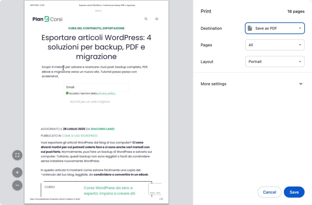 Esportare articoli WordPress - salva in pdf