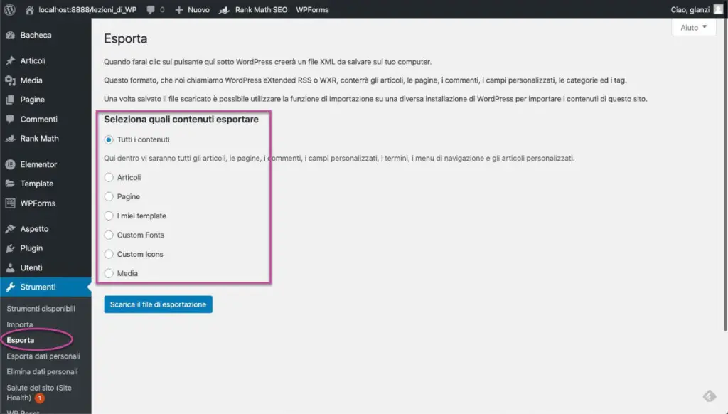 Esportare articoli WordPress metodo Export