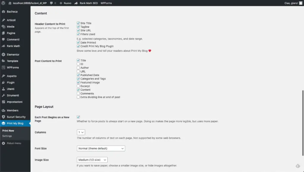 Esportare Articoli con Print my Blog, le opzioni