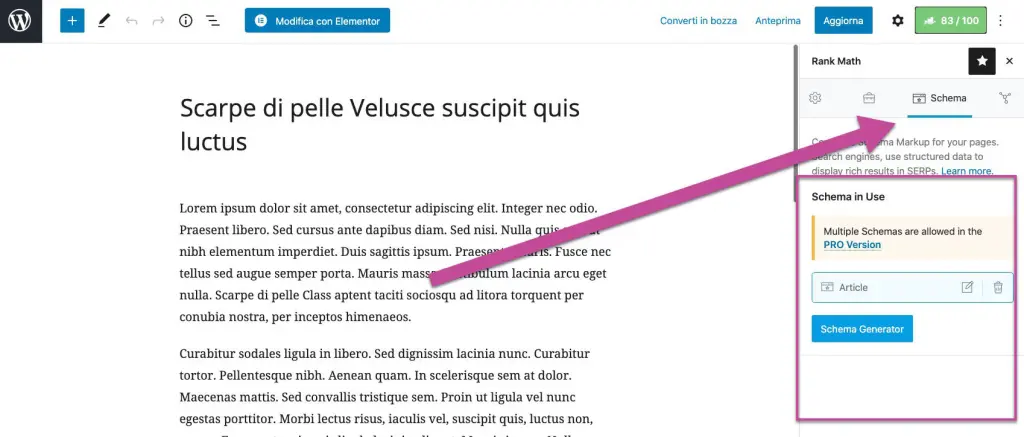 Schema.org Selezione dello schema da Gutenberg in Rank Math