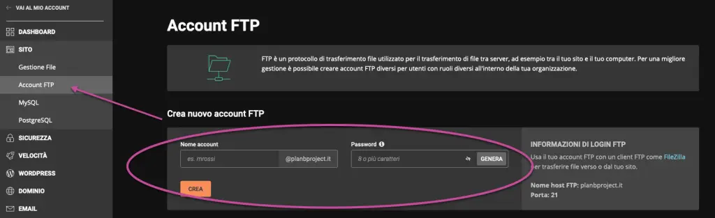 staging in wordpress credenziali ftp