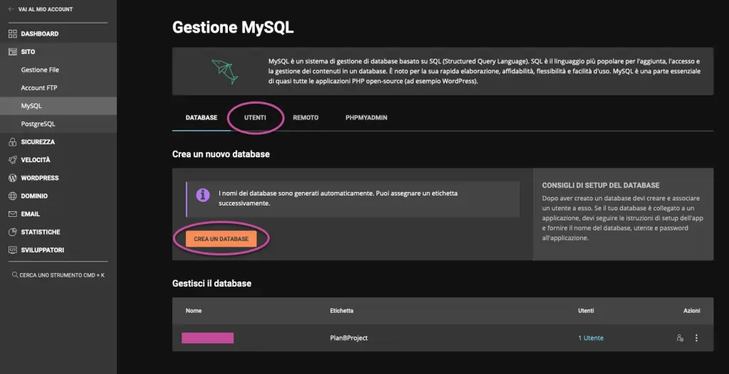 staging in wordpress utente e database