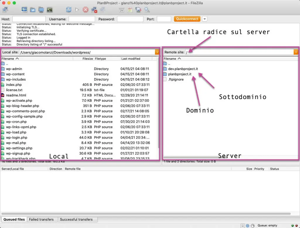 Staging in WordPress, trasferimento file con Filezilla