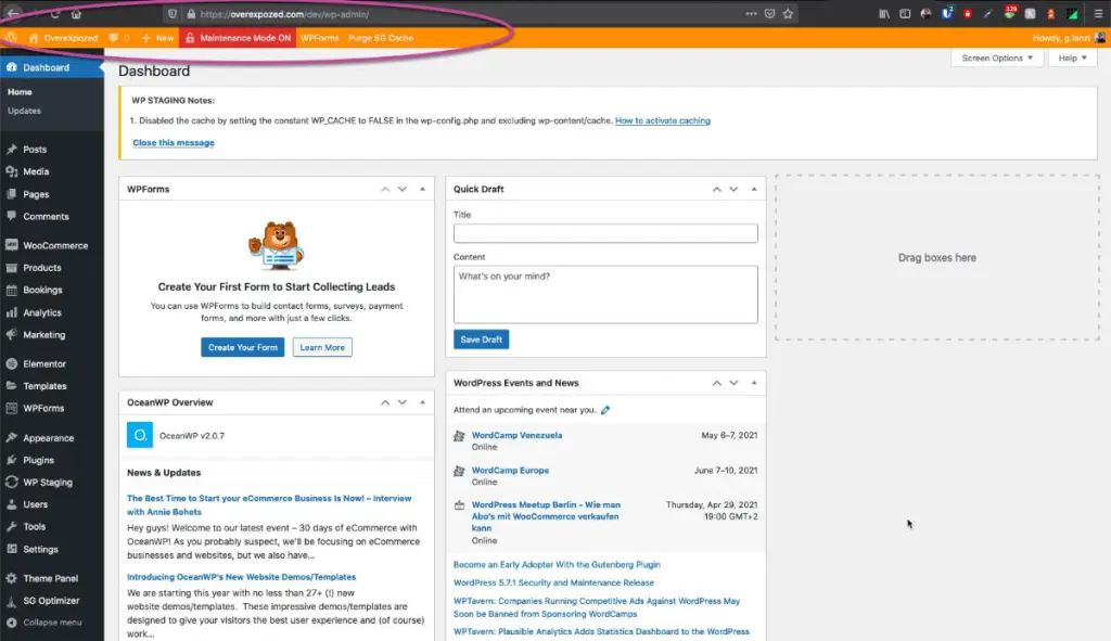 staging in wordpress barra arancione del sito staging