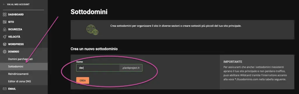 staging in wordpress sottodominio