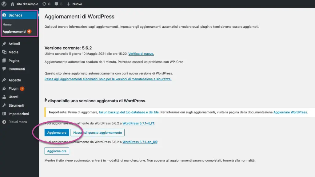 Aggiornamento WordPress bacheca