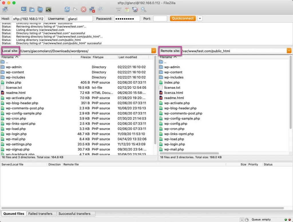 Aggiornamento WordPress Schermata Filezilla