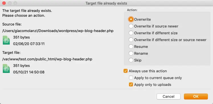 aggiornamento wordpress trasferimento file