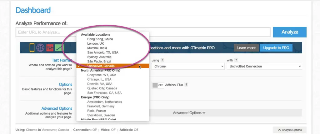 test di velocita su sito wordpress gtmetrix location