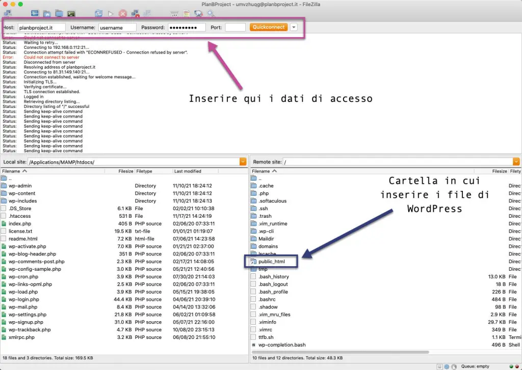 installare wordpress filezilla