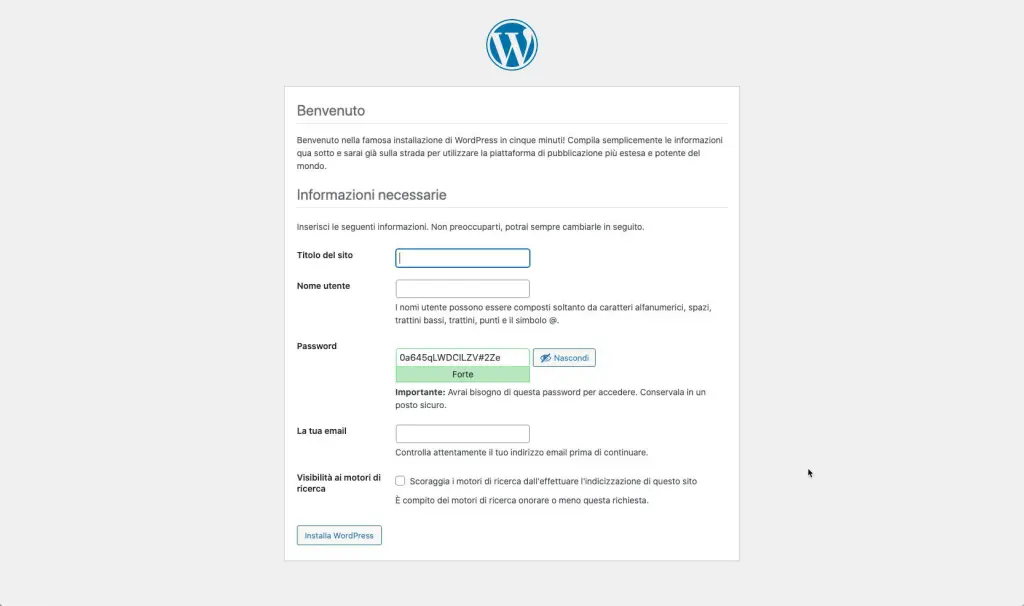 installare wordpress install admin