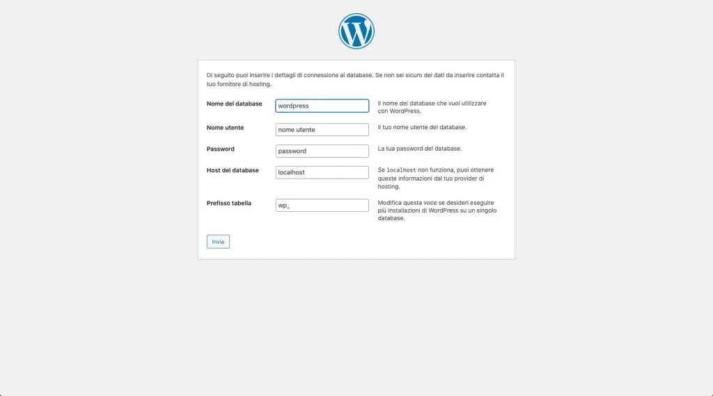 installare wordpress install dati