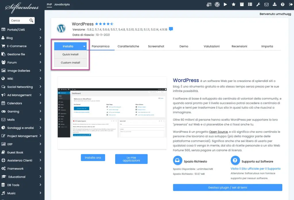 installare wordpress install softaculous