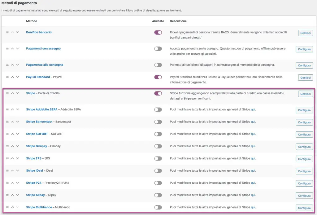 stripe e woocommerce lista backend