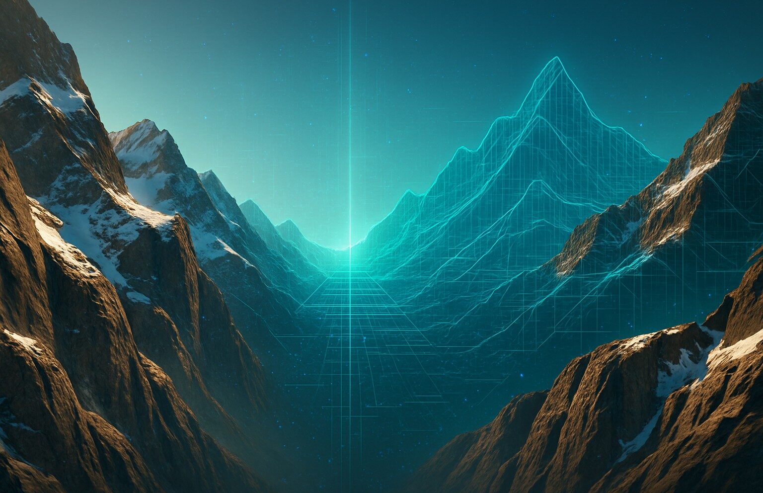 Panorama montano fotorealistico che si trasforma in un paesaggio digitale verso lorizzonte