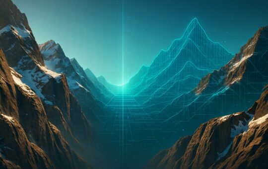 Panorama montano fotorealistico che si trasforma in un paesaggio digitale verso lorizzonte